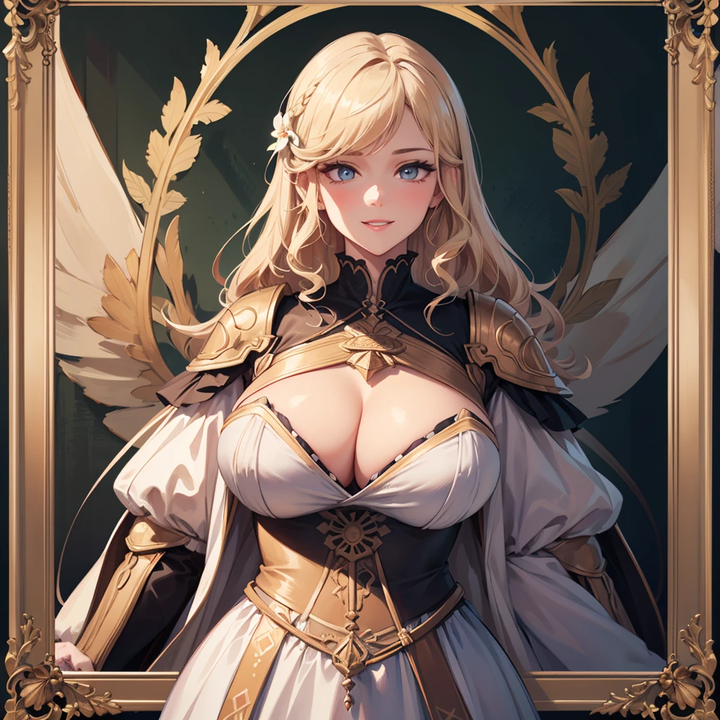 logo of a brand with blonde woman, long blonde hair,smiling, european face ,longeyelashes, white armor ,traditional equipment, white top, big tits, huge hips, traditional european castle , beautiful detailed eyes, beautiful detailed lips, extremely detailed face,realistic, photorealistic, high quality, 4k, masterpiece, professional, vivid colors, studio lighting, natural lighting, soft lighting, glowing skin, intricate details, detailled background, logo design, brand design, best brand logo flower design frame