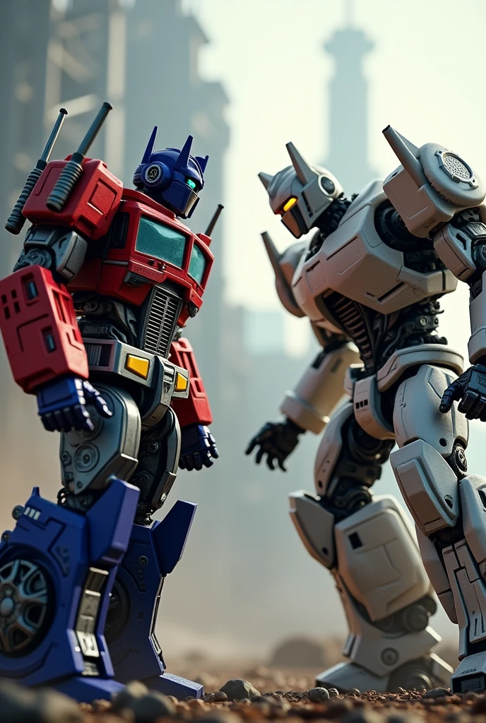 real image, transformer movie, Optimus Prime character confronts Galvatron a white robot
