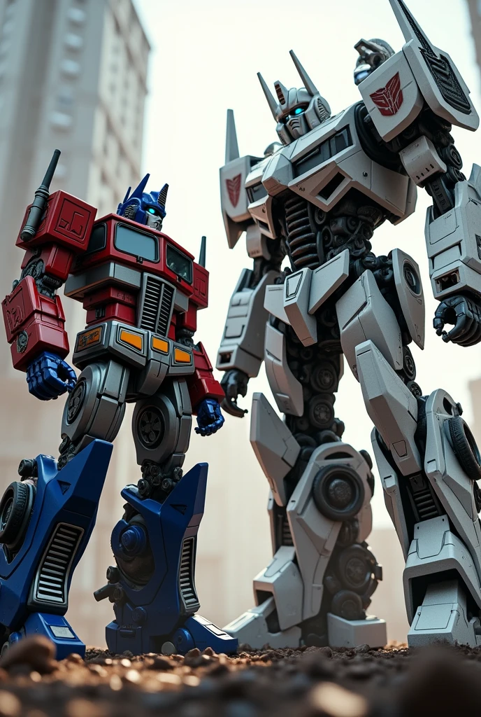 real image, transformer movie, Optimus Prime character confronts Galvatron a white robot
