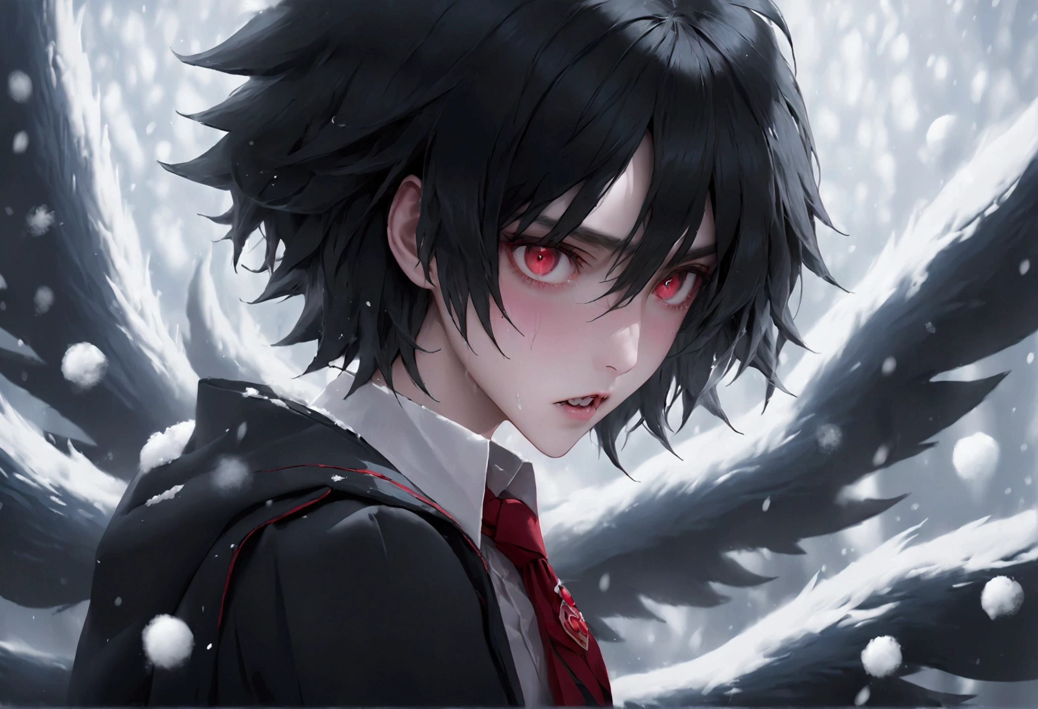 Feminine male, black wolfcut hair, school uniform, classroom back ground, handsome, snow white skin, red eyes, fangs