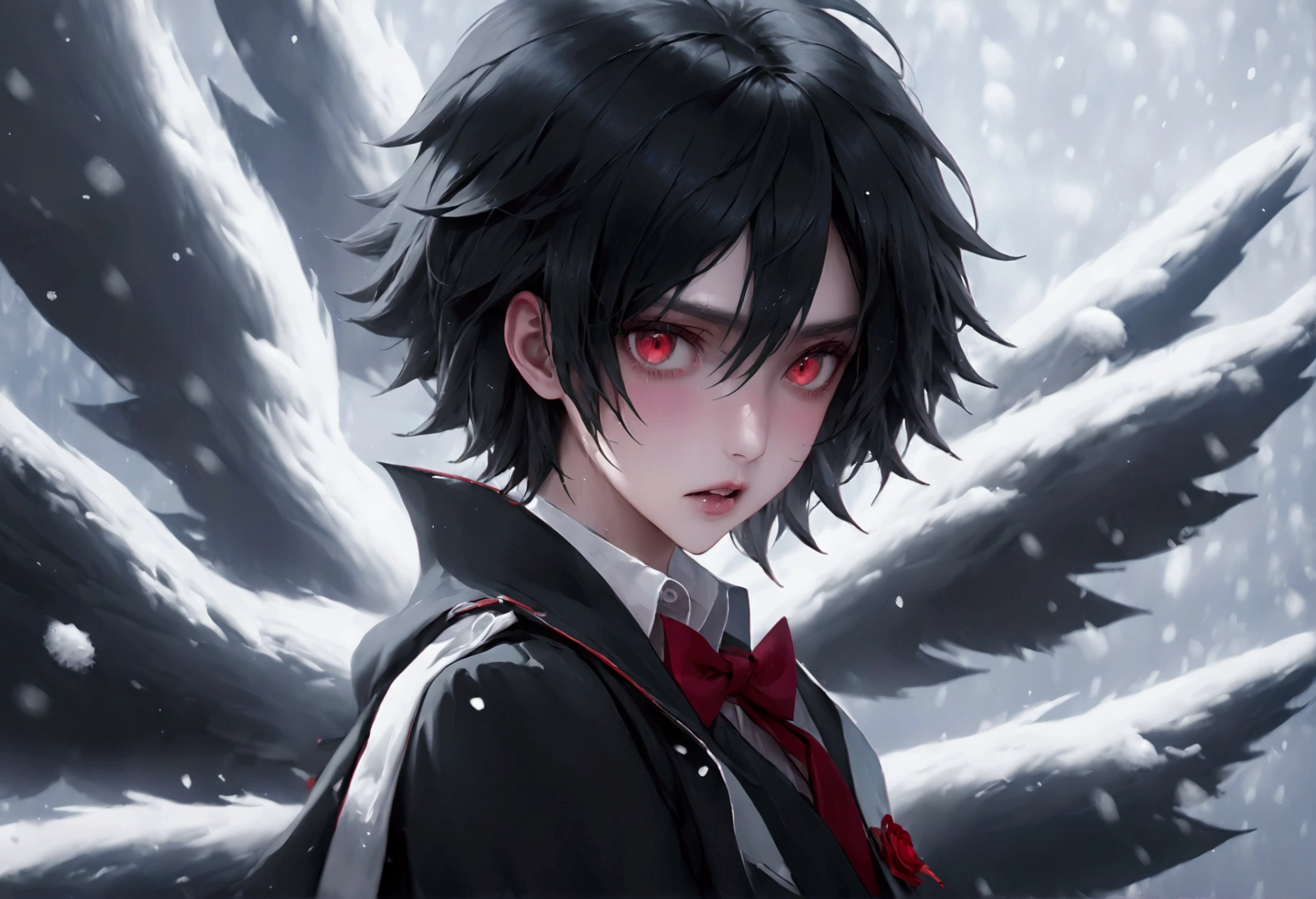 Feminine male, black wolfcut hair, school uniform, classroom back ground, handsome, snow white skin, red eyes, fangs