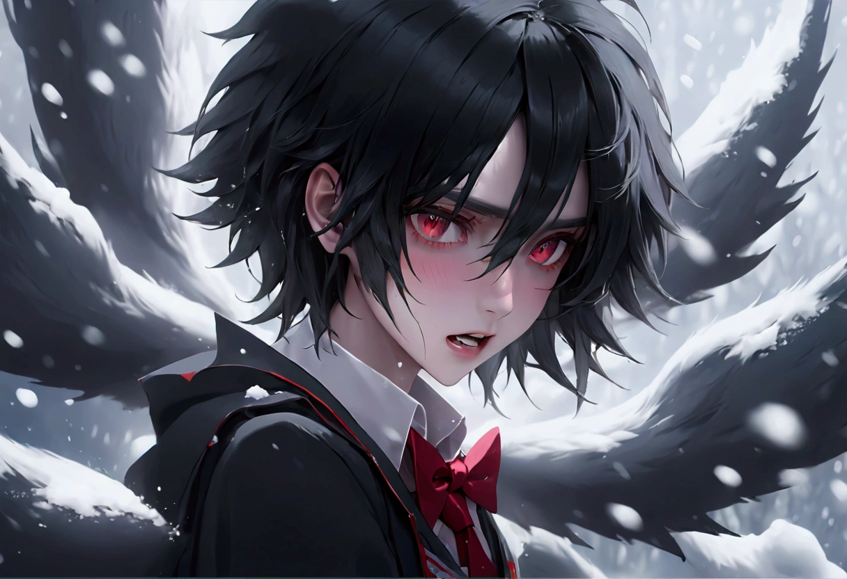 Feminine male, black wolfcut hair, school uniform, classroom back ground, handsome, snow white skin, red eyes, fangs