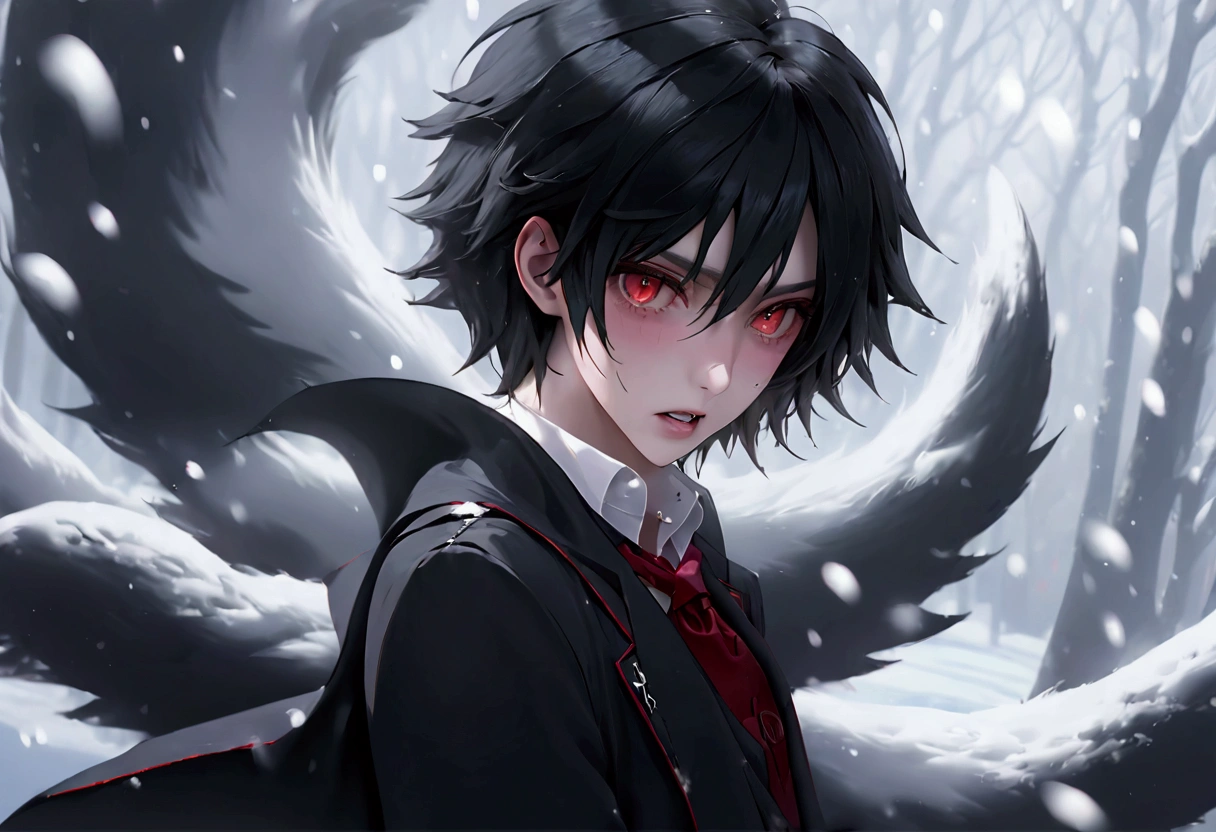 Feminine male, black wolfcut hair, school uniform, classroom back ground, handsome, snow white skin, red eyes, fangs