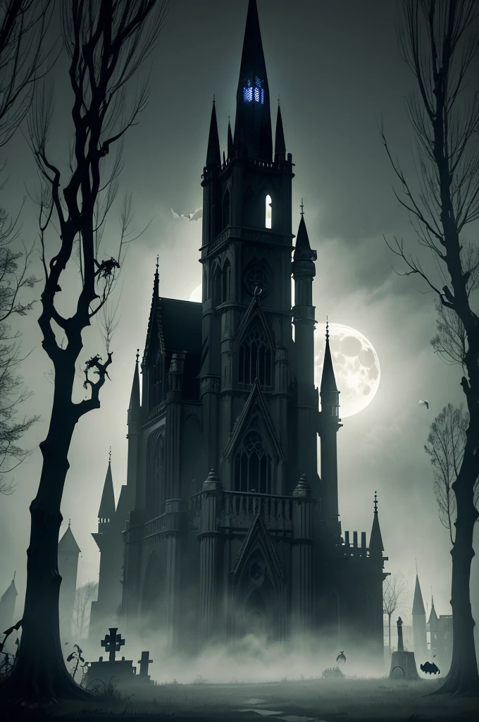 a spooky haunted house at night, full moon, bats flying, pumpkins, cobwebs, creepy trees, dark gothic architecture, dramatic moody lighting, mist, horror, dark fantasy, cinematic, 8k, highly detailed, photorealistic