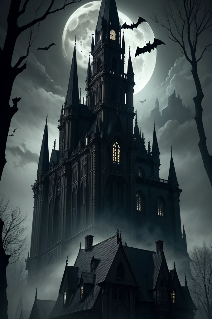 a spooky haunted house at night, full moon, bats flying, pumpkins, cobwebs, creepy trees, dark gothic architecture, dramatic moody lighting, mist, horror, dark fantasy, cinematic, 8k, highly detailed, photorealistic