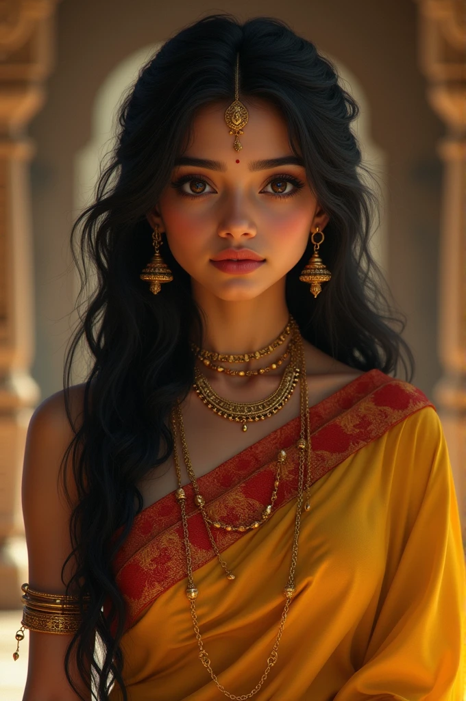 A 20 year old Indian girl beautiful like honey with light yellowish skin tone and a small oval face.She has big hooded eyes with a thin line of Kohl drawn on her lower lash line,mountain eyebrows , thin dark pinkish lips , small and thin bulbulous nose.She also has luscious long open black hair.She is wearing ancient Indian ornaments including earrings,necklace , bracelets and handbands like a tapasi with a small dot red bindi on her forehead.She is wearing a beautiful goldish yellow saree with red border