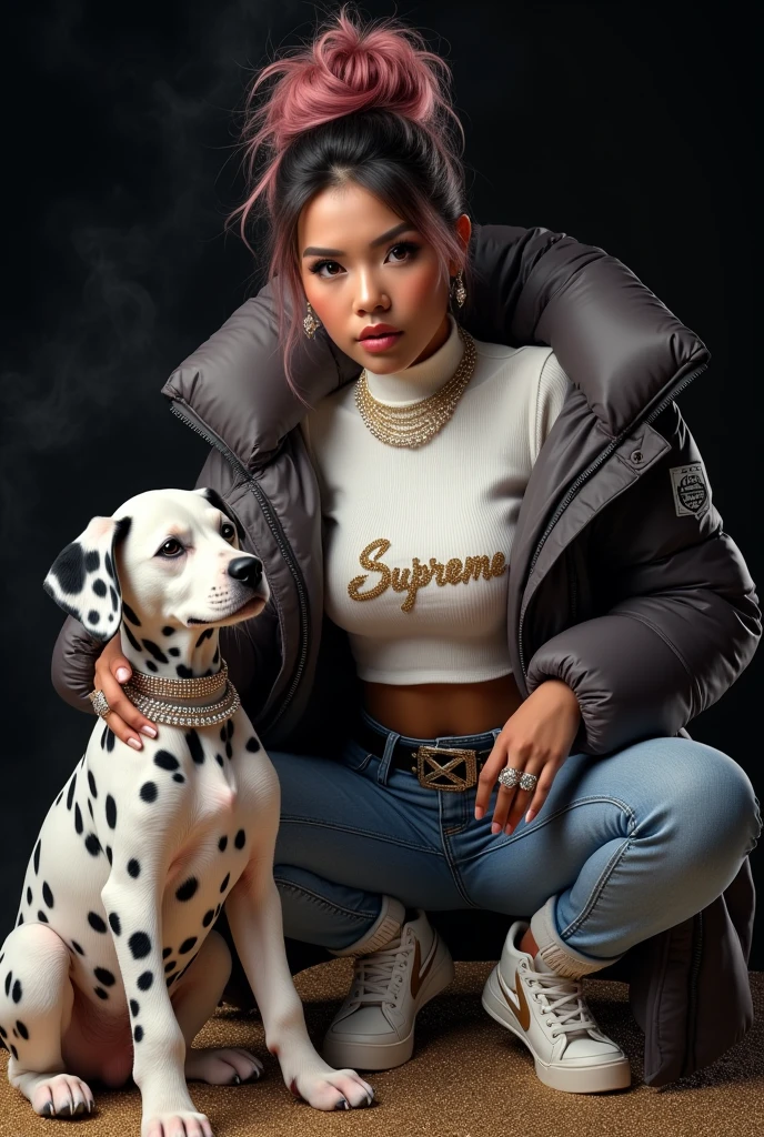beautiful tanned japanese woman, wearing a designer fur puffer crop dalmatian print jacket , and white turtle neck t-shirt underneath the coat, write "SUPREME" with glitter on t-shirt, (t-shirt tucked in) (t-shirt underneath pants) tucked in the t-shirt inside underneath jeans pants, chain necklace, diamond rings, hoop earring, big diamond buckle leather belt, thick eyebrows, photorealistic, masterpiece, moncler, messy bun pink highlighted hair, open the jacket, lips pouting, pouts, void black background with smokes, glitters and particles and nice lighting, UHD, HDR, 8k, Masterpiece, beside her a big dalmatian puppy wearing gold collar, squatting on glittery floor, rap pose, squat pose, petting dog's head, eyes looking at camera.