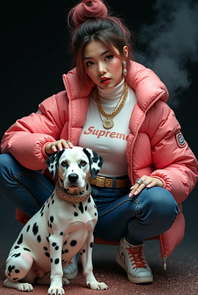 beautiful tanned japanese woman, wearing a designer fur puffer crop dalmatian print jacket , and white turtle neck t-shirt underneath the coat, write "SUPREME" with glitter on t-shirt, (t-shirt tucked in) (t-shirt underneath pants) tucked in the t-shirt inside underneath jeans pants, chain necklace, diamond rings, hoop earring, big diamond buckle leather belt, thick eyebrows, photorealistic, masterpiece, moncler, messy bun pink highlighted hair, open the jacket, lips pouting, pouts, void black background with smokes, glitters and particles and nice lighting, UHD, HDR, 8k, Masterpiece, beside her a big dalmatian puppy wearing gold collar, squatting on glittery floor, rap pose, squat pose, petting dog's head, eyes looking at camera.