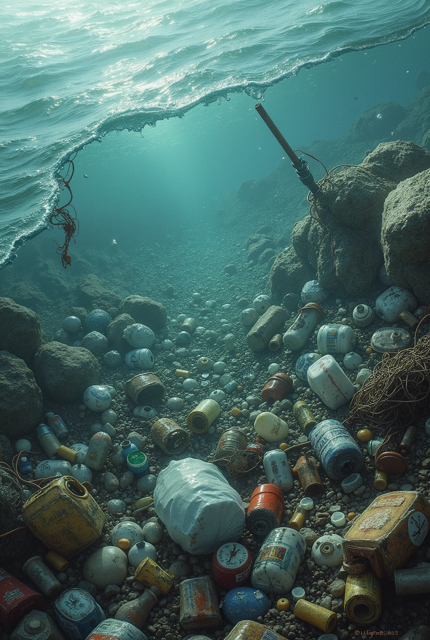 realistic water pollution with plastic waste,metalwork. ocean