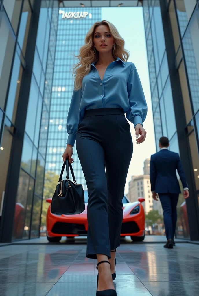 Tall 2 girl with curly blonde hair, tall and white skinned, grey eyes curvy body, coming out of a building that says Nazkcap. Her bodyguard is waiting for her with the McLaren. She is dressed in long pants and a blue blouse and a purse., her black heels.
