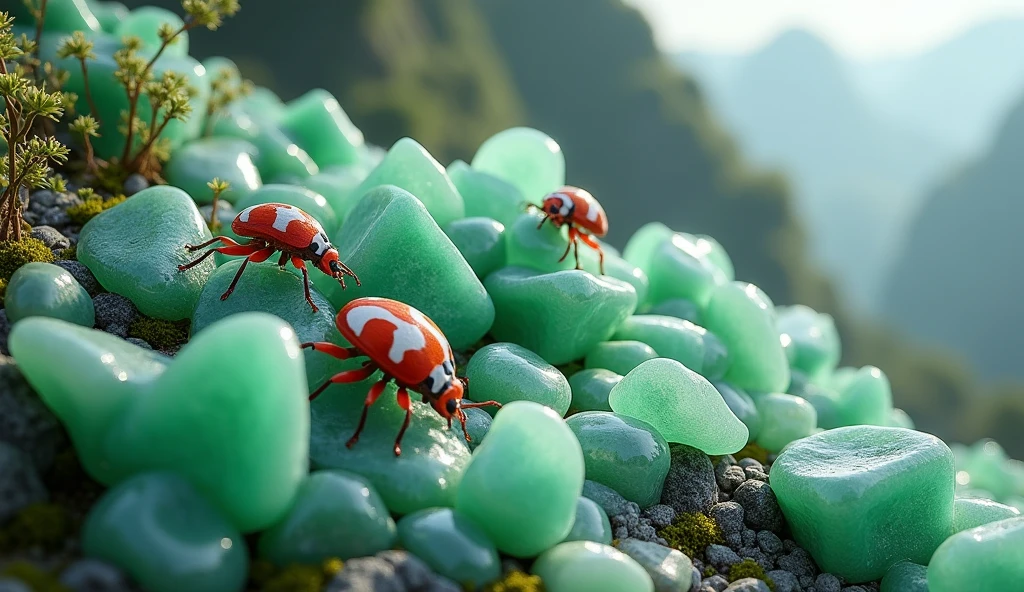 There are many white and shiny jade stones on the mountain.,There are anti-nose insects with red and white rings on the jade(best quality,4K,8k,High level,masterpiece:1.2),Ultra Detailed,(lifelike,Photo real,Photo real:1.37)