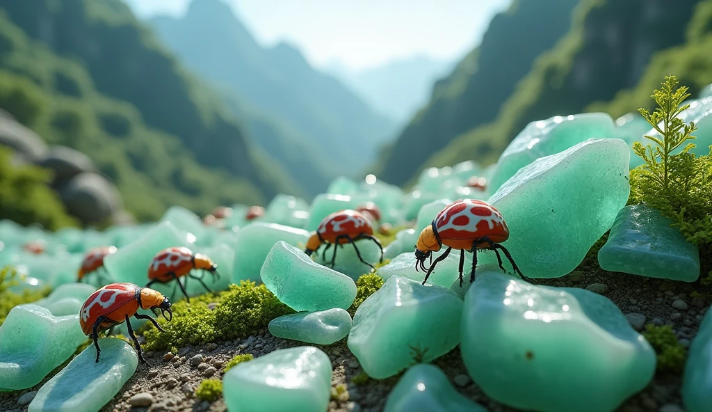 There are many white and shiny jade stones on the mountain.，There are anti-nose insects with red and white rings on the jade（best quality，4K，8k，High level，masterpiece：1.2），Ultra Detailed，（lifelike，Photo real，Photo real：1.37）