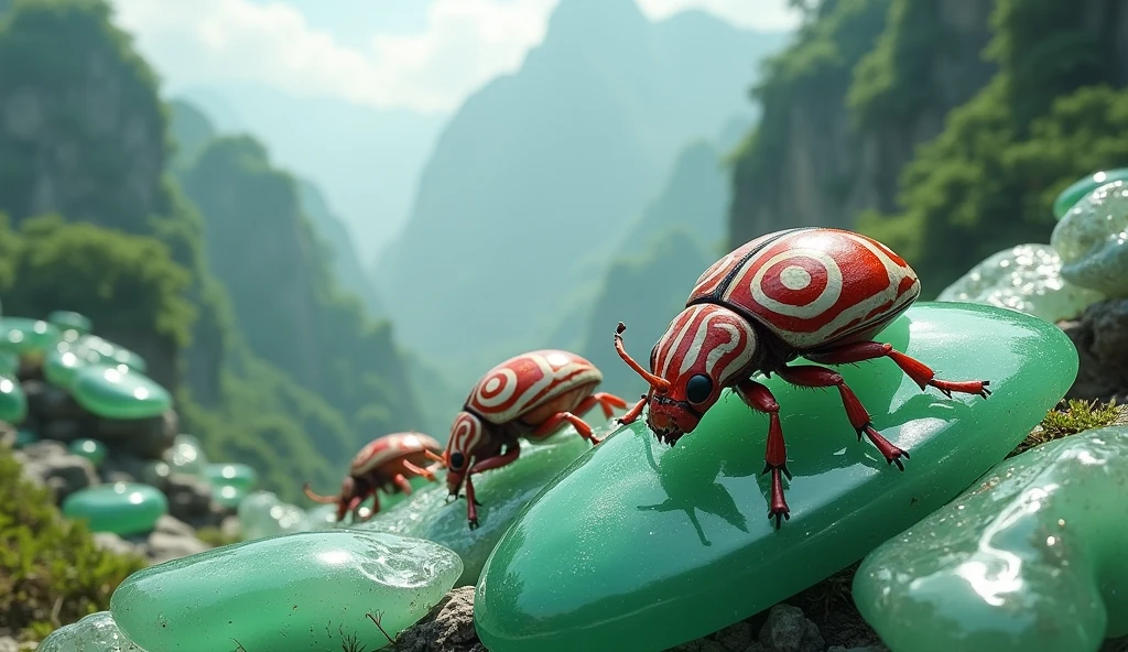 There are many white and shiny jade stones on the mountain.，There are anti-nose insects with red and white rings on the jade（best quality，4K，8k，High level，masterpiece：1.2），Ultra Detailed，（lifelike，Photo real，Photo real：1.37）
