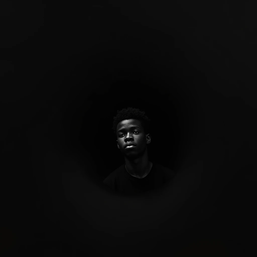 Black-white album covering a black teenage boy who falls into the empty black sheet. Image 4k