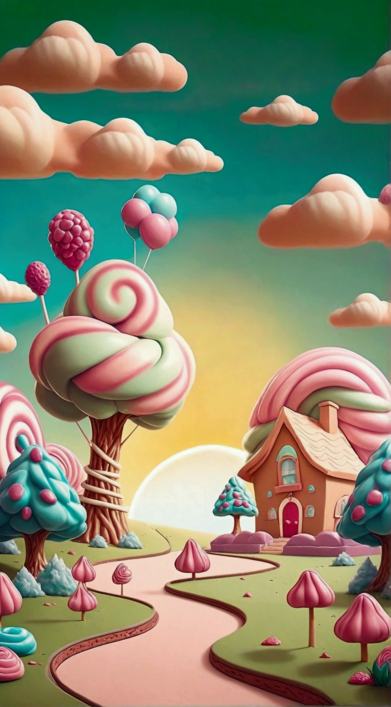 Carton style, candy world , cupcake house, pink land, candy trees, lollipop trees, a bunny cotton candy holding an ice-cream, green sky with clouds