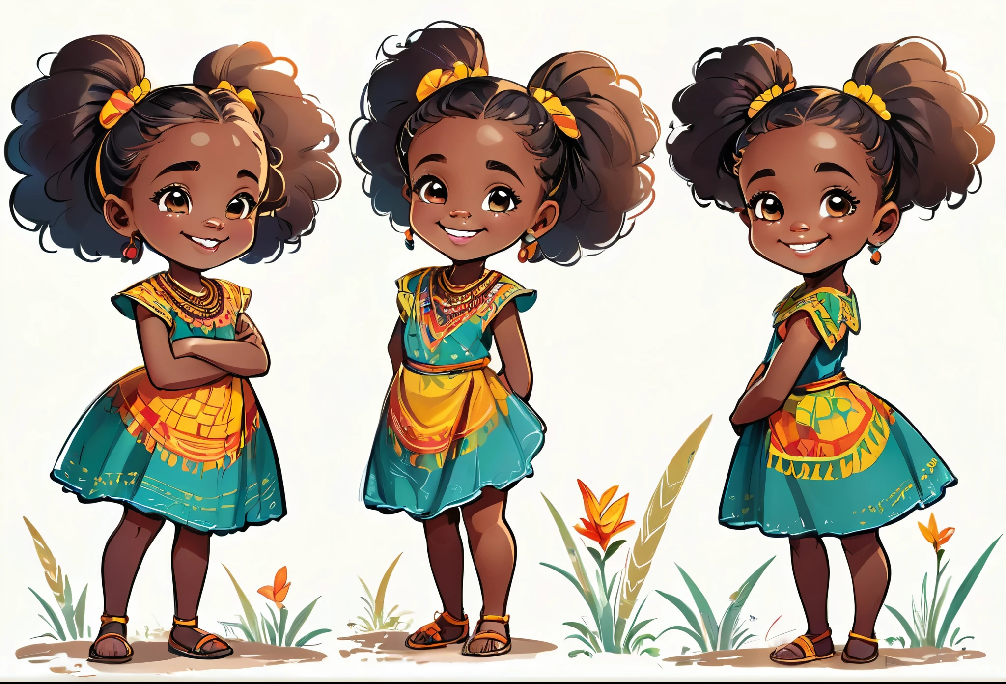A seven years old girl standing, happy, smiling. Character design sheet, front view, side view.
African (masterpiece best quality:1.2) delicate illustration ultra-detailed, illustrations, bright, colourful, 