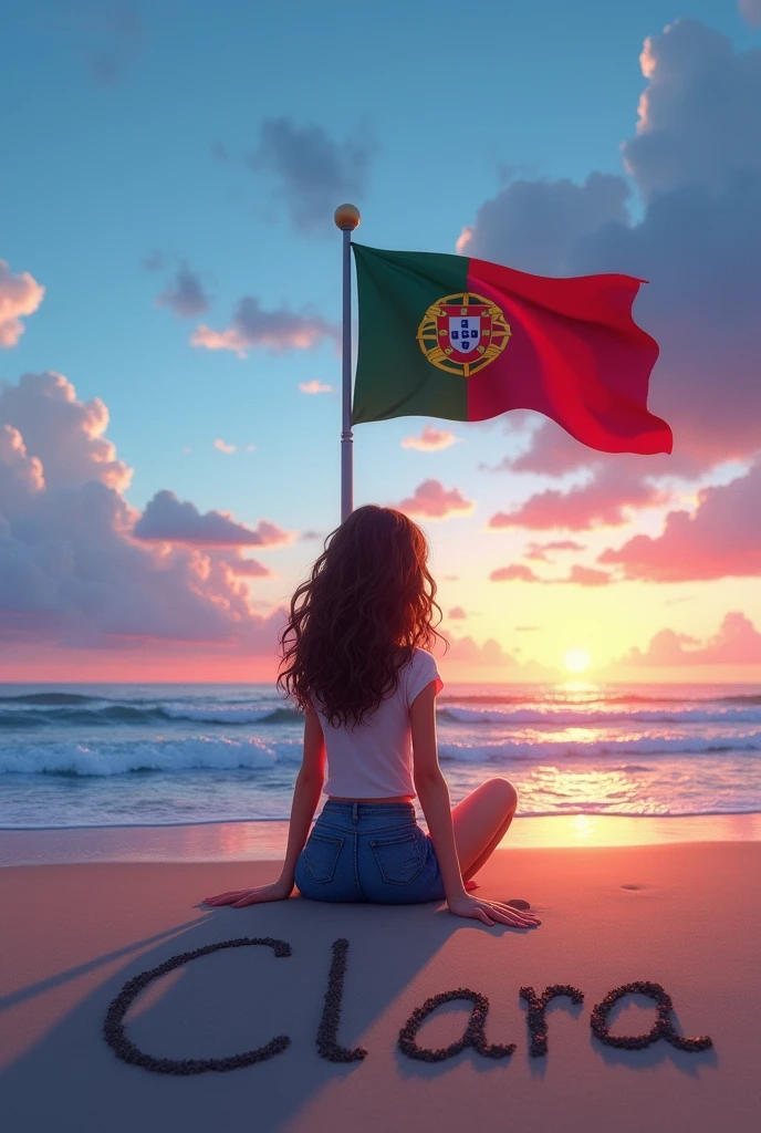 Create an image Where we see the sea in Portugal with the flag of Portugal and the name Clara engraved in the sand with a blue and pink sunset and a teenager sitting on the coast with wavy, slightly curly brown hair and slightly tanned skin from the back with a realistic blue dress and we only see the girl from the back far away