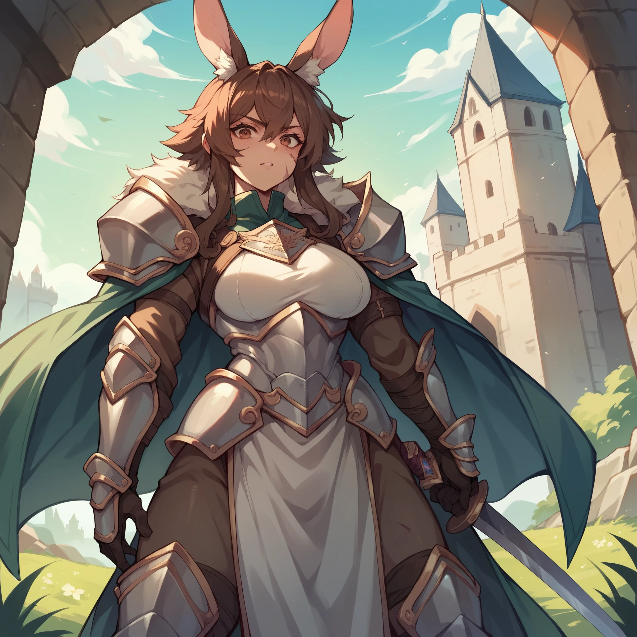 a female bunny kemonomimi in training armor. she is outside the castle and has her one sword sheathed. she has a huge scar on her face. she has brown hair that covers her human ears.