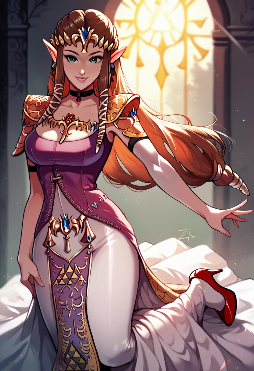 (((princess zelda))), tight red minired dress, black pantyhose, red heels, thin shoulder straps, choker, large breasts, curvy, smiling, highly detailed, 8k, photorealistic, intricate, masterpiece, dramatic lighting, cinematic, fantasy