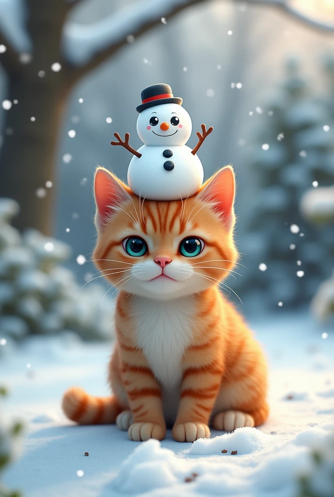 snowy garden、Cat with a snowman on its head、Dissatisfied face、cute、Digital Art、photo、