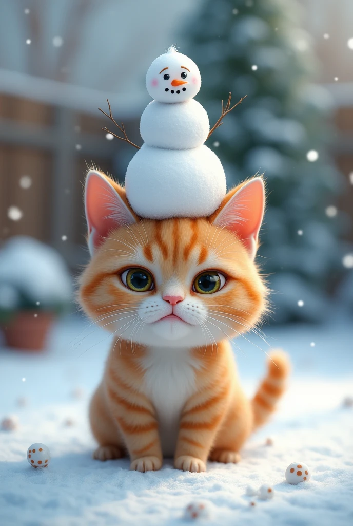 snowy garden、Cat with a snowman on its head、Dissatisfied face、cute、Digital Art、photo、