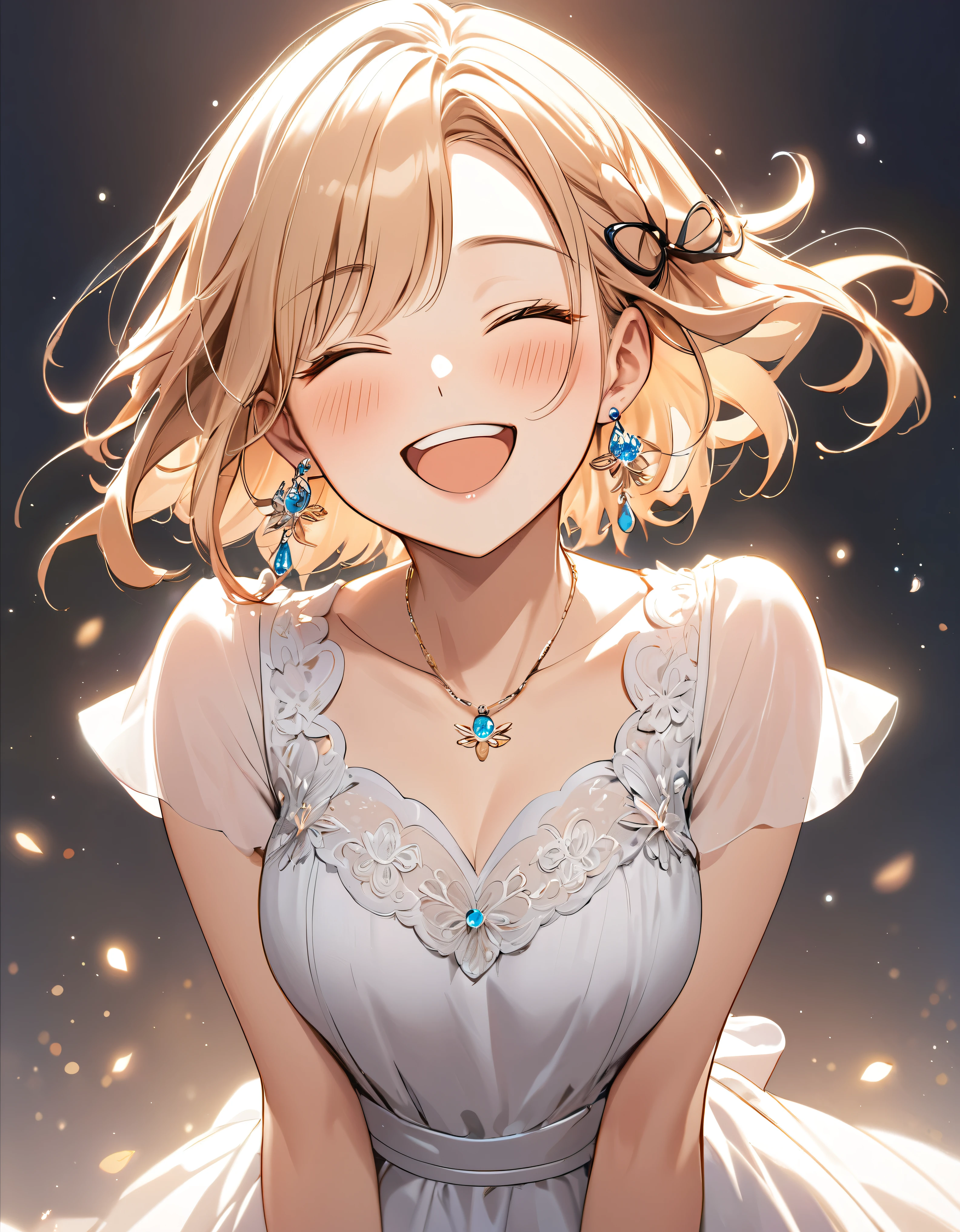 best quality, beautiful, hair tie, 8K, very happy face, close eyes, smile open mouth, blushing, head tilt look view, slim, dress, earrings, necklace, concept