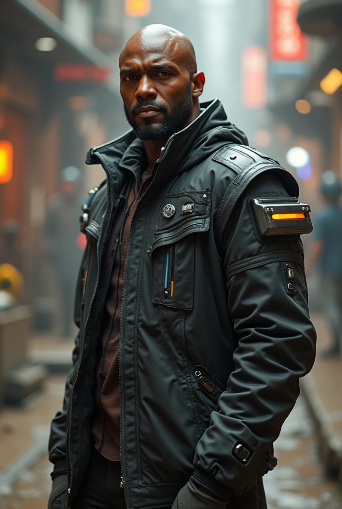Idris Elba, shaved head, without beard, early thirties, a costume du futur, bounty hunter, a happy foolish air, smiling