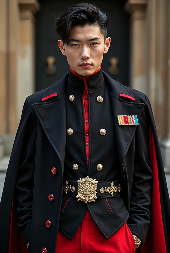 half korean and half russian man in england's black and red with badges prince outfit. monolid and sleepy eyes. hazel colored eyes. square face shape with two blocks hair cut. whole body