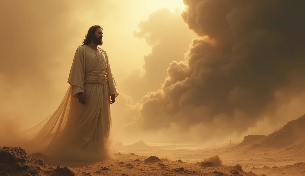 a Jesus in middle apocalyptic sand, dust and smoke. The atmosphere is ethereal and mystical, stormy sky, suggesting a moment of divine significance or spiritual revelation. The overall mood is solemn and awe-inspiring, evoking a sense of reverence and mystery.