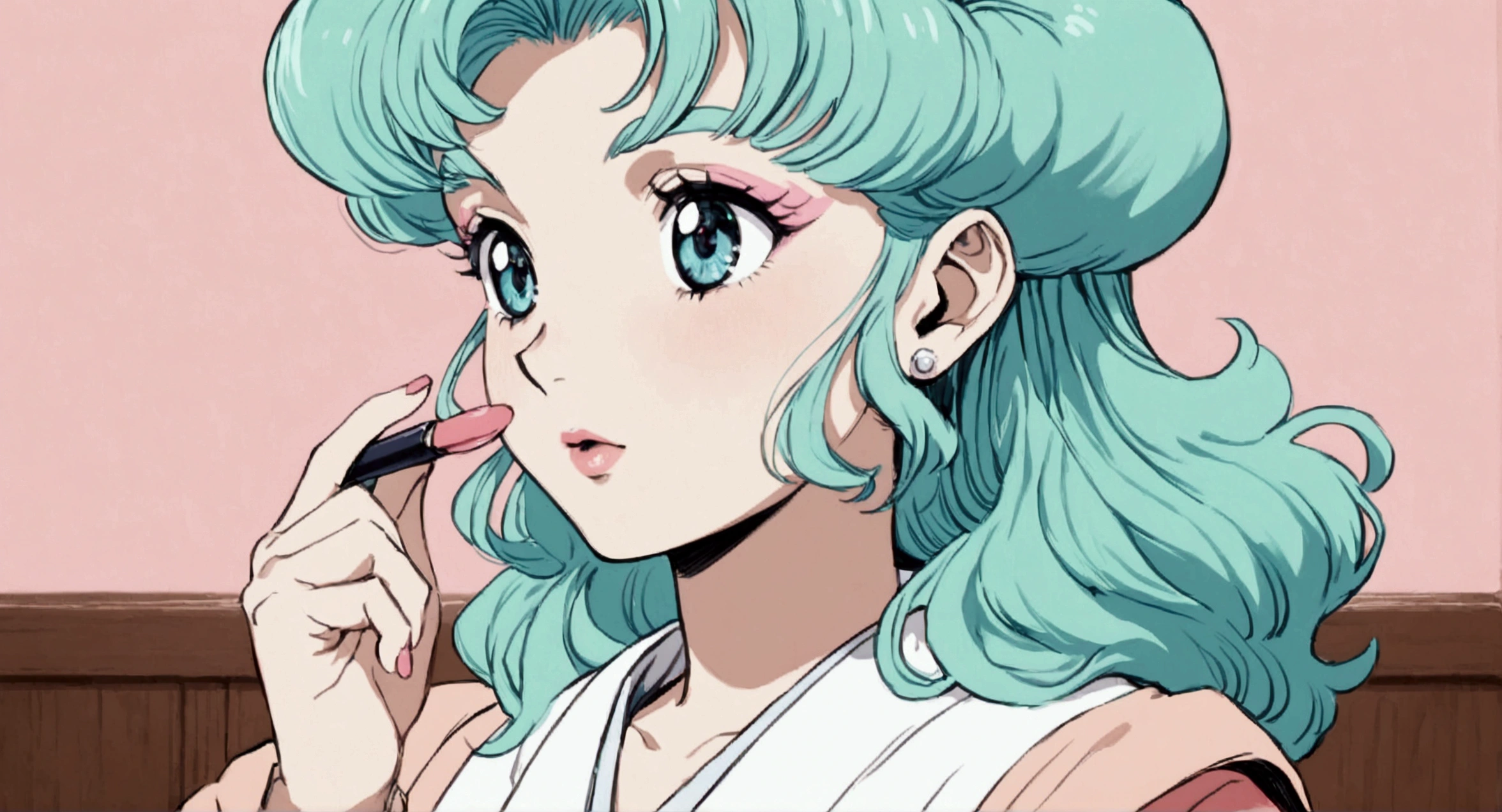 Anime Cute Japanese woman putting on makeup 80s ,Pastel