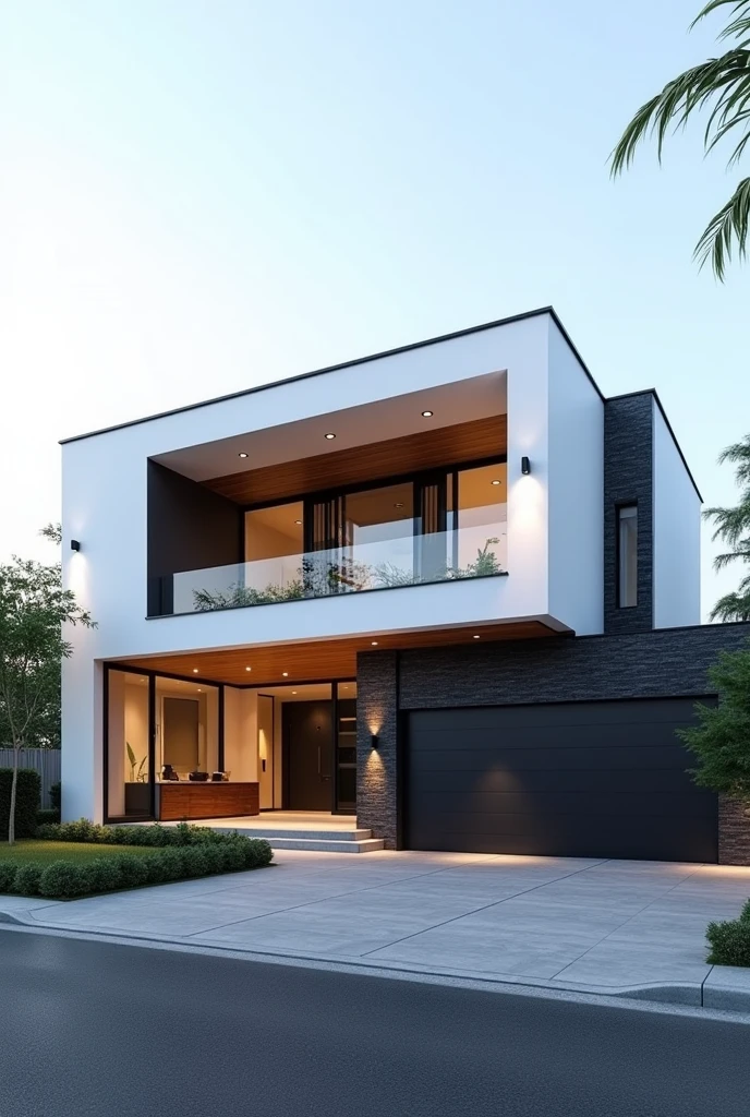 4th view of a modern home with a large front yard, main material by glossy white wall and black stone and wood, 1 road runs in front of the house, (RAW photo, real, best quality, masterpiece:1.2), look morden minimalist, 1 road in front of the house, shime ring light, light brighteness from indoor:1.2, dynamic lighting: 1.3, (hyper realistic, photo-realistic:1.2), high quality, day lighht, hight contrast :0.5 perfect lighting, archdaily, award winning contemporary, contemporary masterpiece