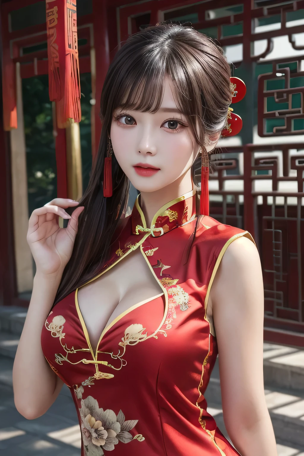 One Girl, 1 person,Highest quality,High resolution,超High resolution,8k,Realistic,Upper Body,encounter_audience,Large Breasts, the body is slim,(Chinese dress:1.2),