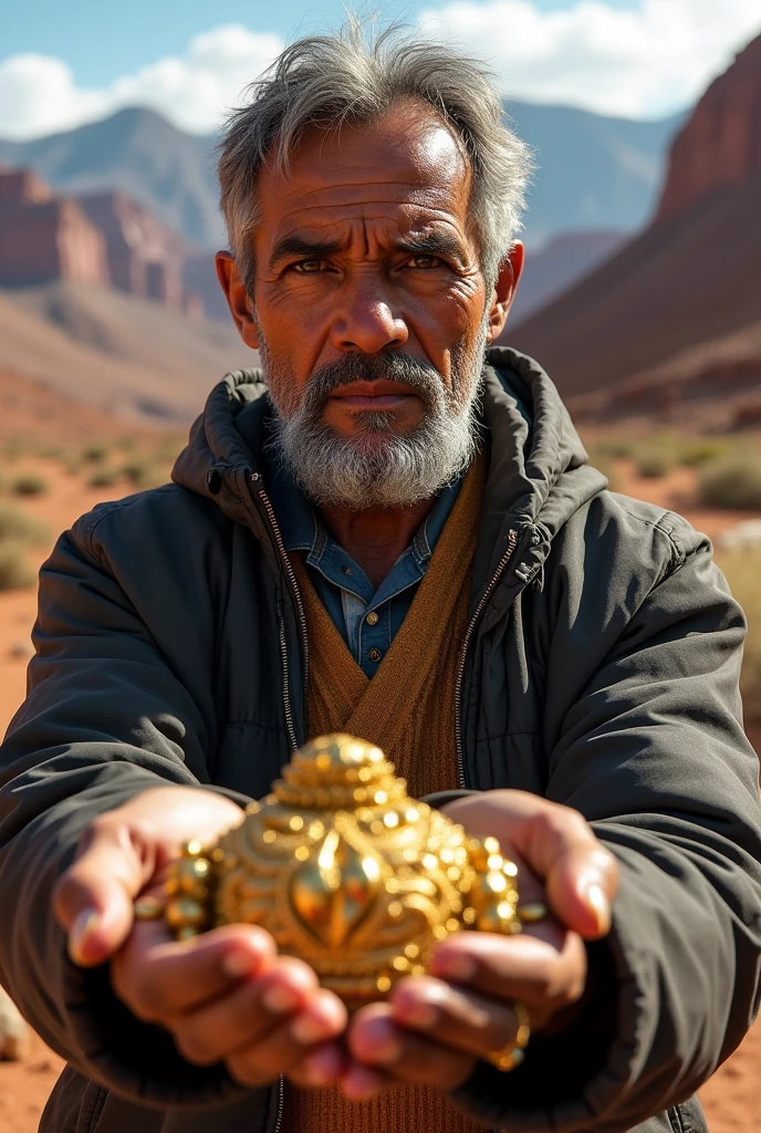 Bolivian man, holding gold jewelry