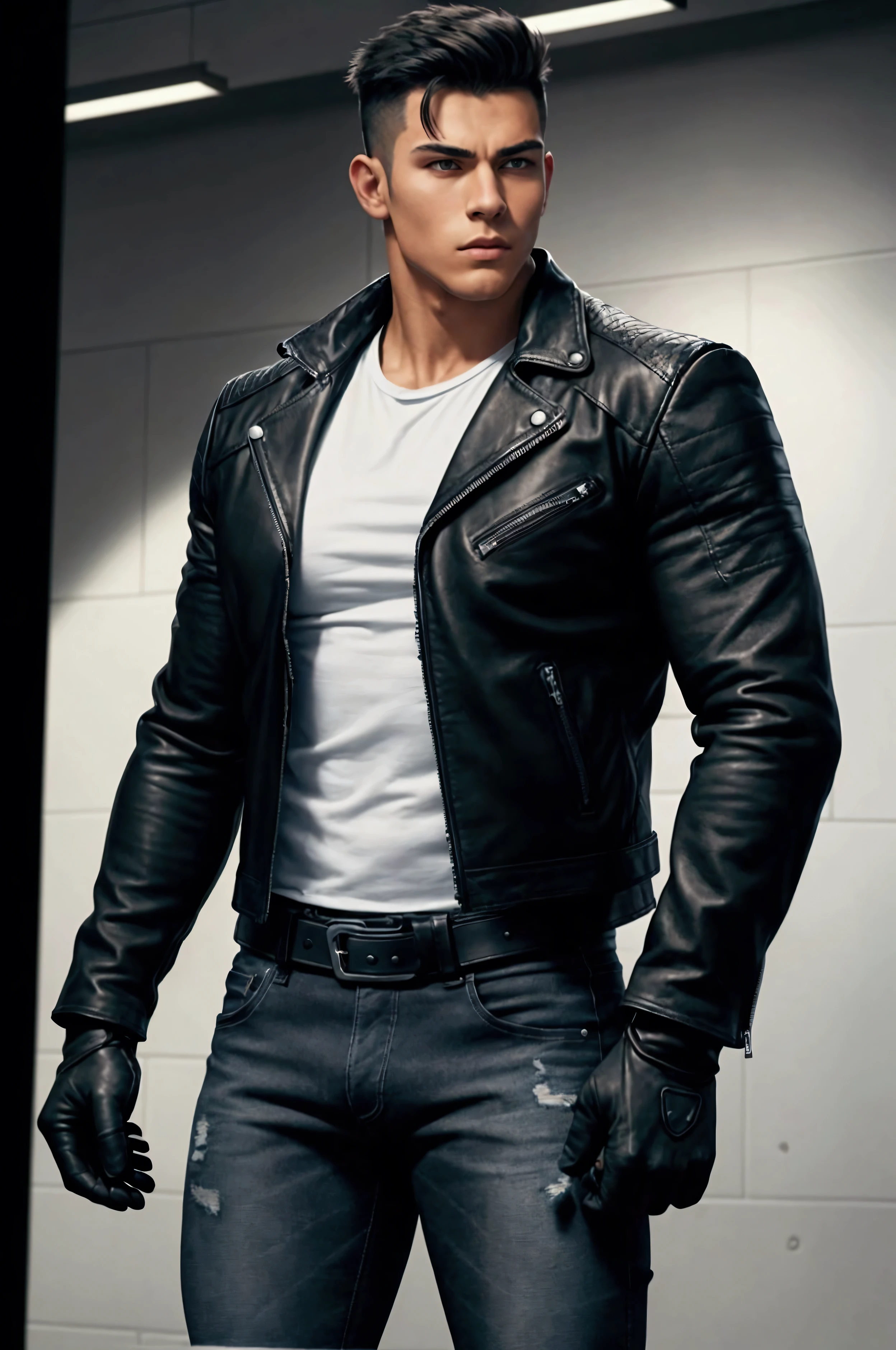 A muscular young man , wearing a white round-neck shirt and a black leather jacket over it, wearing blue jeans, black motorcycle gloves, a black belt, and black combat boots and a holster strap for a handgun on his thigh , Standing with arms crossed in the bathroom. Anime.