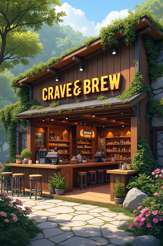 Coffee shop which name is Crave & Brew is located in nature place witha gaming center.