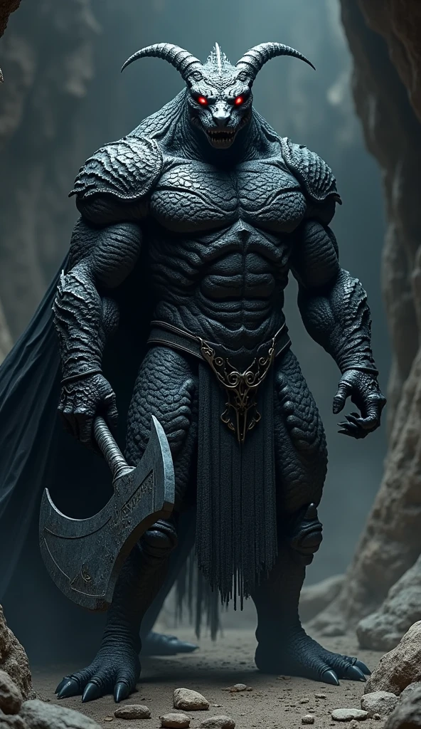 homme dragon noir, tête de dragon noir,corpulence impressionnante ,une armure d'écaille de dragon noirs,les yeux sont rouges,il a une hache énorme noir,armure imposante,armure très solide,armure chevalier,armure démoniaque,très agressif,menaçant,puissant,musclé,peau à écaille noir,réaliste,photo,grotte sombre,museau court,sans corne sur la tête, sans queue