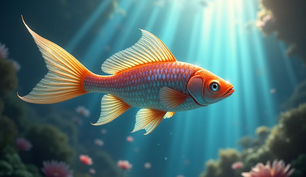 a colorful magic fish, detailed scales, vibrant fins, mystical underwater scene, fantasy art, 4k, 8k, highres, masterpiece:1.2, ultra-detailed, realistic, photorealistic, photo-realistic:1.37, HDR, UHD, studio lighting, ultra-fine painting, sharp focus, physically-based rendering, extreme detail description, professional, vivid colors, bokeh, cinematic lighting, volumetric lighting, glowing, iridescent, translucent, intricate patterns, surreal, ethereal, dreamlike