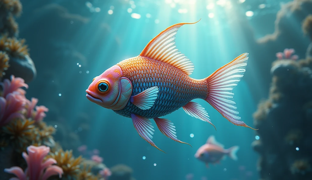 a colorful magic fish, detailed scales, vibrant fins, mystical underwater scene, fantasy art, 4k, 8k, highres, masterpiece:1.2, ultra-detailed, realistic, photorealistic, photo-realistic:1.37, HDR, UHD, studio lighting, ultra-fine painting, sharp focus, physically-based rendering, extreme detail description, professional, vivid colors, bokeh, cinematic lighting, volumetric lighting, glowing, iridescent, translucent, intricate patterns, surreal, ethereal, dreamlike