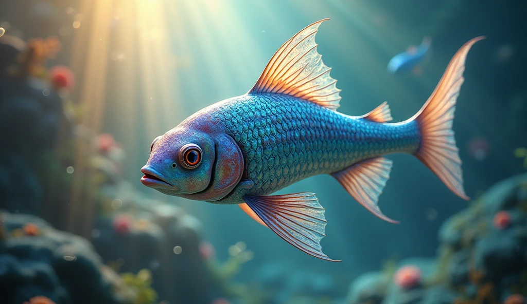 a colorful magic fish, detailed scales, vibrant fins, mystical underwater scene, fantasy art, 4k, 8k, highres, masterpiece:1.2, ultra-detailed, realistic, photorealistic, photo-realistic:1.37, HDR, UHD, studio lighting, ultra-fine painting, sharp focus, physically-based rendering, extreme detail description, professional, vivid colors, bokeh, cinematic lighting, volumetric lighting, glowing, iridescent, translucent, intricate patterns, surreal, ethereal, dreamlike