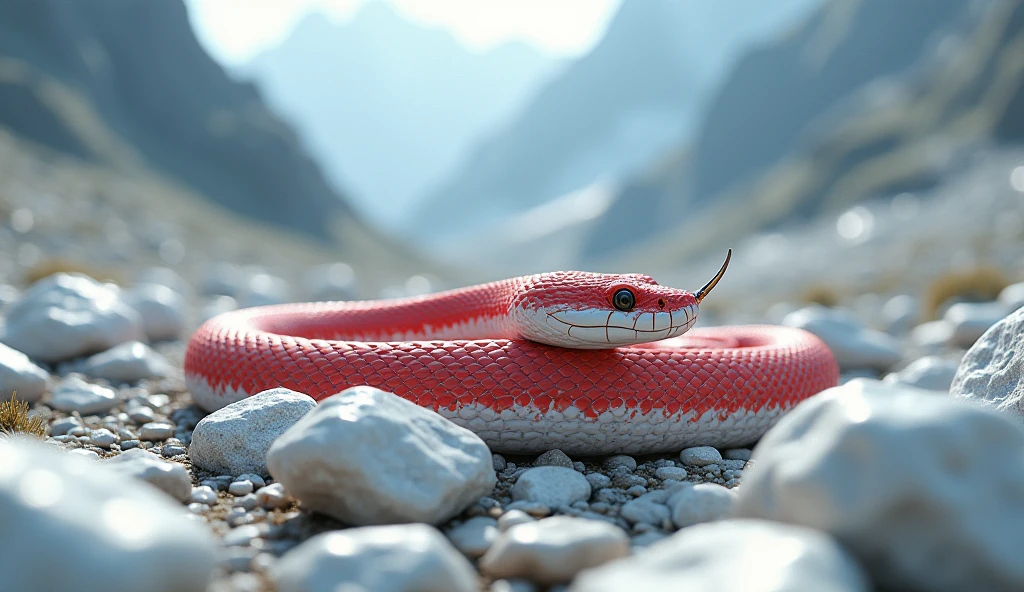 There are many white and shiny jade stones on the mountain.，The jade has a pit viper with a red and white body and a spike on the tip of its nose.（best quality，4K，8k，High level，masterpiece：1.2），Ultra Detailed，（lifelike，Photo real，Photo real：1.37）