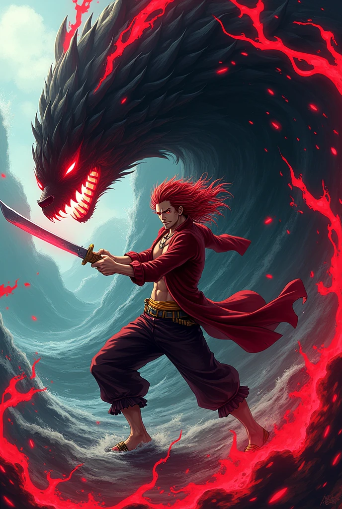 Shanks from 'One Piece' wielding a sword, creating a powerful black and red wave of energy. He is depicted in an action pose with his characteristic red hair and confident expression. The sword is detailed, and the wave of energy is dynamic and full of intensity, with a background that suggests a dramatic sea battle.