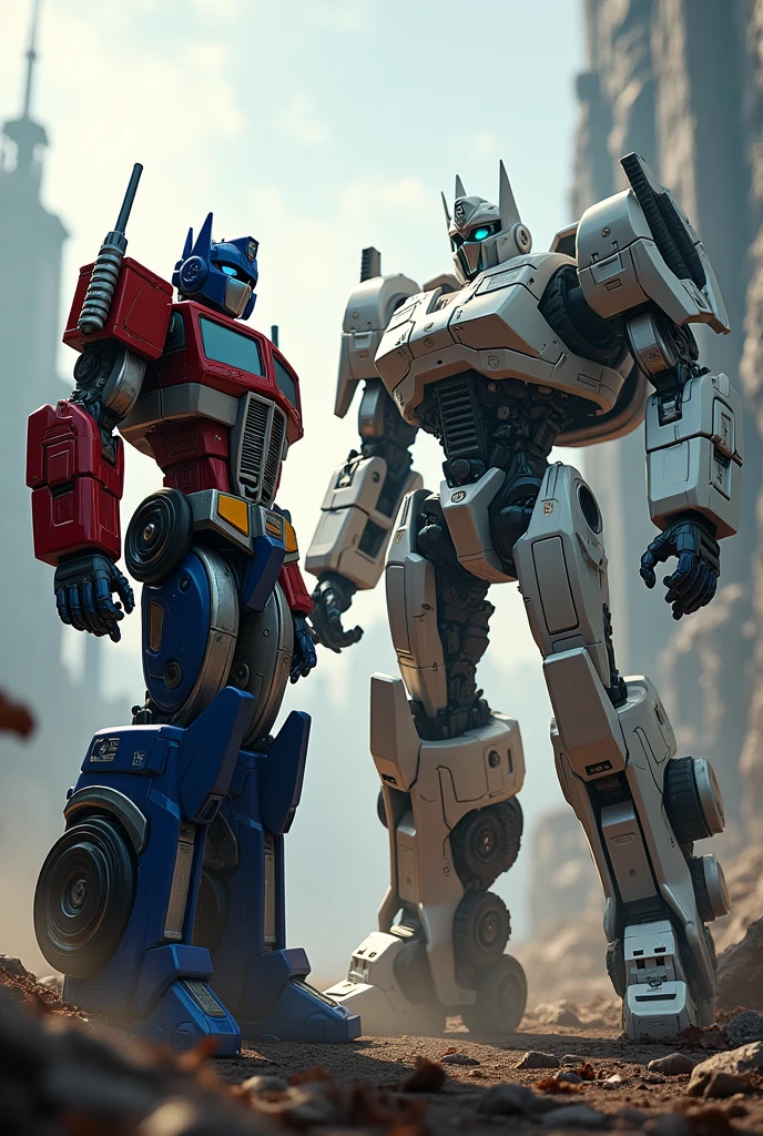 real image, transformer movie, Optimus Prime character confronts Galvatron a white robot