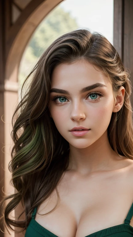 20 year old girl, perfect face, sexy face looking at camera, perfect mouth, stopped up nose, green eyes, arched eyebrows, Hair with waves, film agency, hyper detailed, realistic image, 8k
