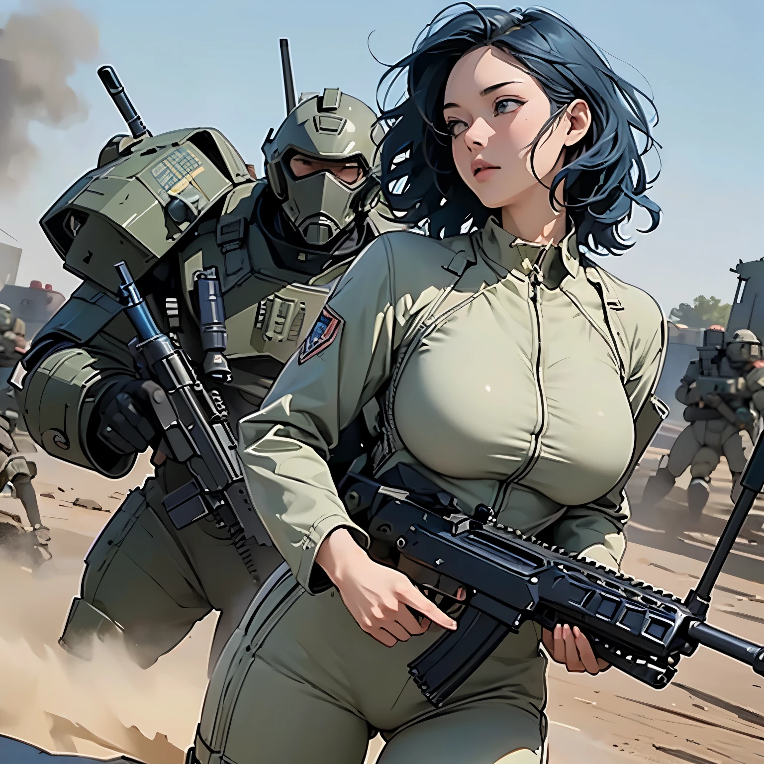 nsfw, anime screencap, 16K, perfect anatomy proportion body, action, A dynamic composition with a sense of speed and movement, (Hold an assault rifle:1.6), a wife, 40age, perfect beautiful delicate sexy face, perfect beautiful delicate drooping eyes, blue hair, Perm Hair, large breasts, abs, Camouflage-colored heavy armored steam engine full armor powered suit, Many heavily armored robot soldiers are engaged in a firefight in the background., Flying bullets, The battlefield of a ruined ancient city, war, Post-apocalyptic,
