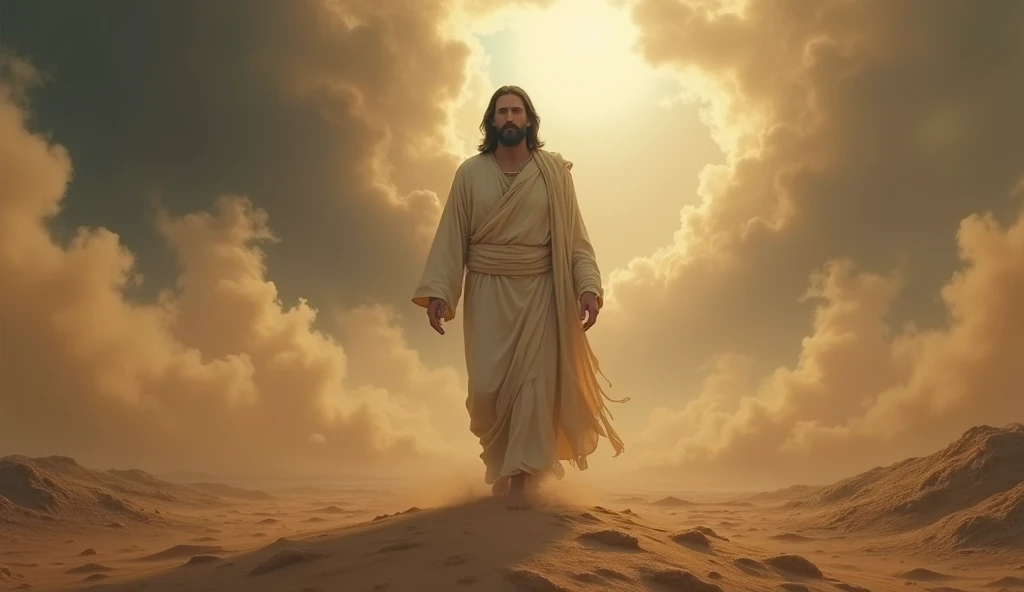 a Jesus in middle apocalyptic sand, dust and smoke. The atmosphere is ethereal and mystical, stormy sky, suggesting a moment of divine significance or spiritual revelation. The overall mood is solemn and awe-inspiring, evoking a sense of reverence and mystery.