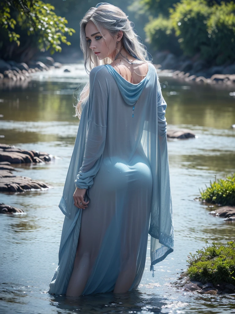 8k, (full body shot:1.2), 20-year-old swedish girl, raw, Beautiful woman, (straight gray hair), (loose summer clothes, long shirt, long dress, outdoor, upper body, colorful summer clothes, varied colours, ((bright sunshine)), warm clothes, wet clothes, ((soaked)), ((drenched)), ((dripping wet)), excited, wet hair, wet and slimy, standing with her back to camera watching camera over her shoulder, submerged, translucent,), intricate, beautifull face, elegant, highly detailed, digital hyperrealistic photography, hyperrealistic photography filigree, shyness, most beautyfull face, (masterpiece, sidelighting, (finely detailed beautifull blue eyes: 1.2)),