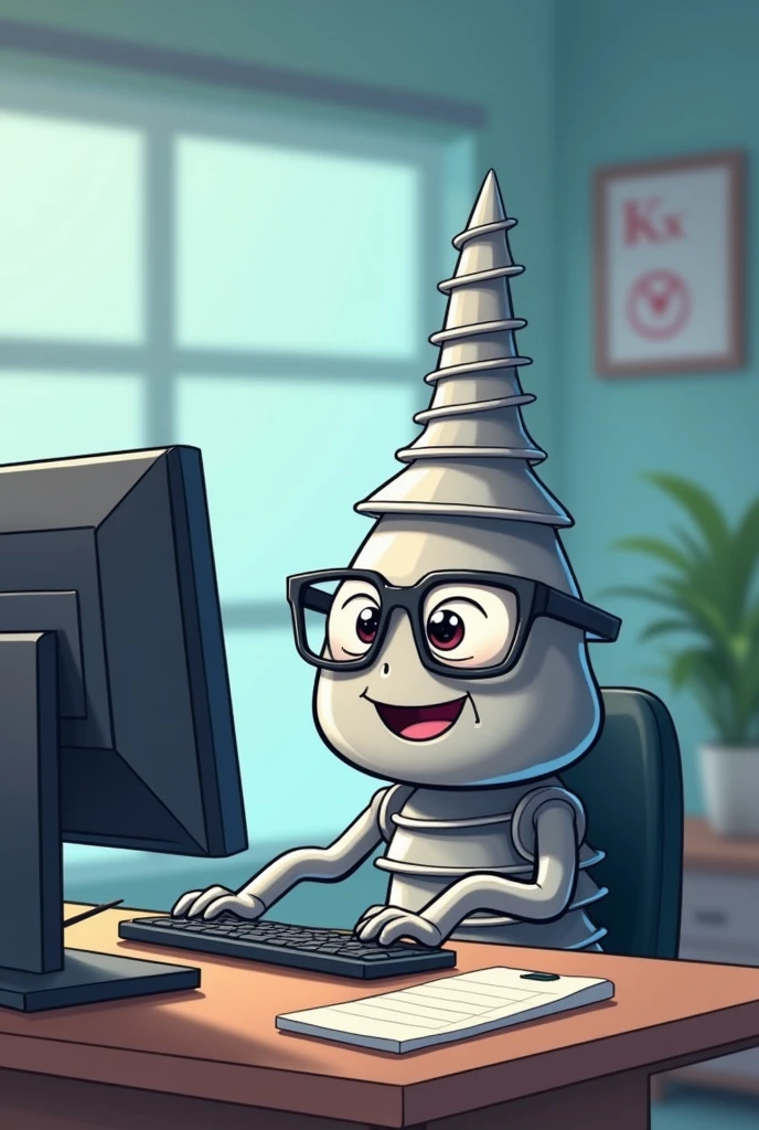 a cartoon style screw plug in gray color, with eyes, gura, arms, and square glasses, using the computer in the excel program, showing the computer