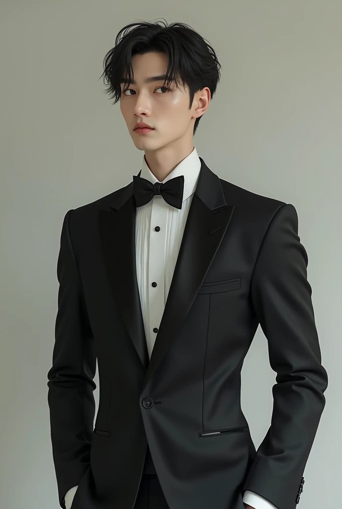 half korean and half russian man in tuxedo monolid and sleepy eyes. hazel colored eyes. square face shape with two blocks hair cut. whole body