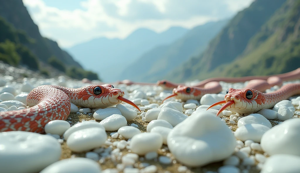 There are many white jades and pit vipers with spikes on their noses between red and white rings on the mountain.（best quality，4K，8k，High level，masterpiece：1.2），Ultra Detailed，（lifelike，Photo real，Photo real：1.37）