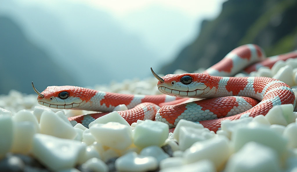 There are many white jades and pit vipers with spikes on their noses between red and white rings on the mountain.(best quality,4K,8k,High level,masterpiece:1.2),Ultra Detailed,(lifelike,Photo real,Photo real:1.37)